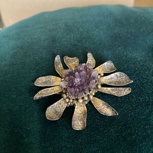 Vintage Raw Amethyst Crystal Solid Sterling 925Silver Flower Brooch